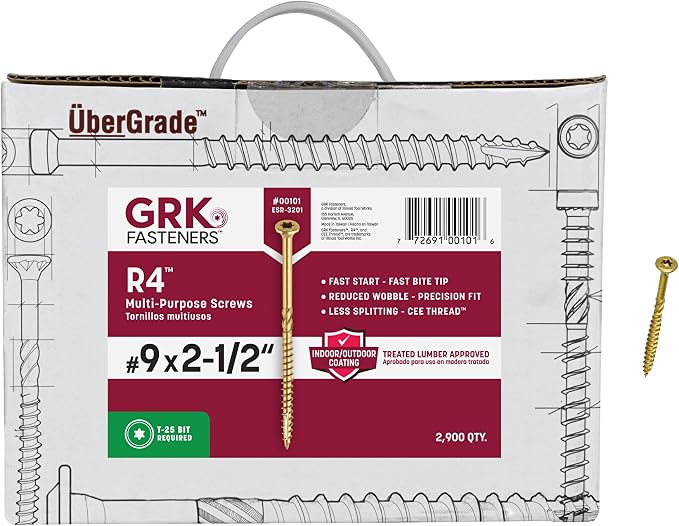 GRK Fasteners R4#9 x 2-1/2 Inch, Multi-Purpose Framing Screws, 2900 PCS, Rust Resistant Climatek Coating, Outdoor Fencing and Deck Screws, Fast Bite Tip, Star Drive Recess, Gold