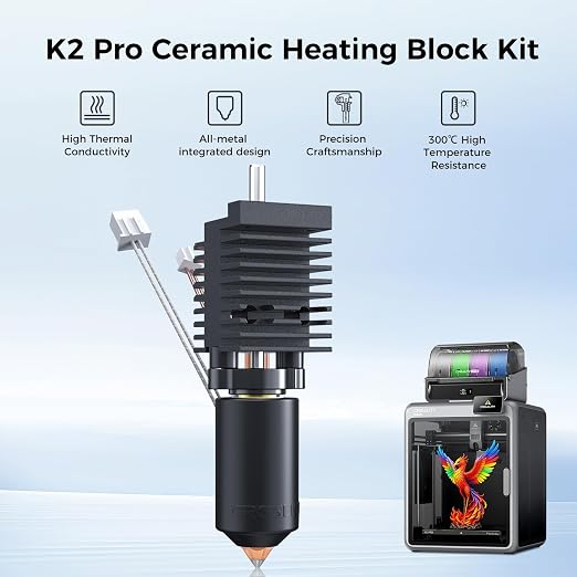 Creality K2 Pro Ceramic Heating Block Kit, Upgrade 3D Printer Hotend Quick-swap Nozzle Kit, All-Metal Integrated Extruder Hot end with Heat Sink, 300°C Temperature Resistance for Creality K2 Pro Combo