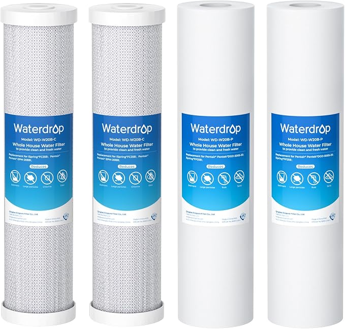 Waterdrop 20 x 4.5 Inch Whole House Water Filter Replacement Water Filter Sediment and Carbon Filter Cartridges, Pack of 4
