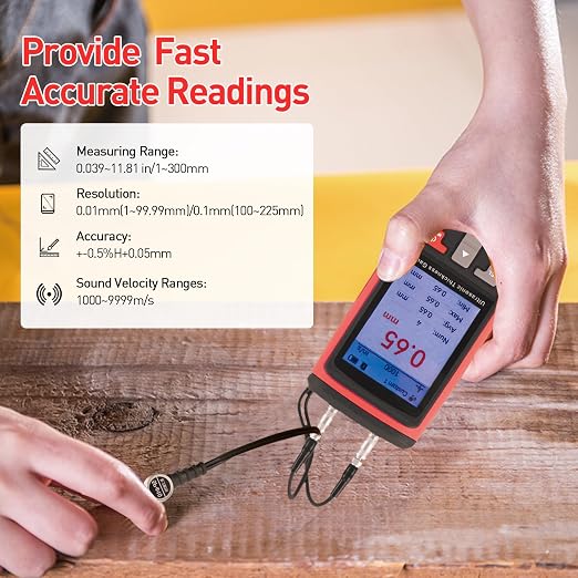 Ultrasonic Metal Thickness Gauge, Metal Gauge Thickness Tool, Measurement Range 1MM to 300MM, 0.01MM Resolution, Measuring 882X / Steel, Metal, Plastic, Glass, PVC, Pipes Thickness,Auto Calibration