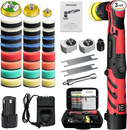Cordless Mini Polisher,1/1.5/2Inch,DA&RO with 11 Variable Speed 2500-6000 RPM,2.3Ah Rechargeable Battery,Red Car Detailing Micro Polisher