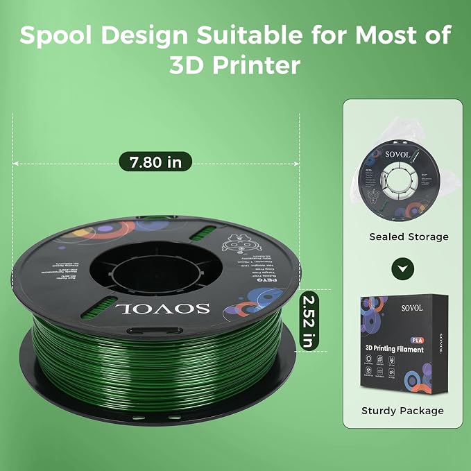 Sovol 3D Printer PETG Filament 1.75mm 1KG (2.2lbs), High Precision, Strong Toughness, Wiring Tightness, Dimensional Accuracy +/- 0.03 mm, 3D Printing PETG Filaments, Green