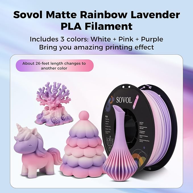 Sovol 3D Printer Matte Multicolored Fast Change Gradient Rainbow PLA 1kg (2.2 lbs) Spool 3D Printing Materials, Dimensional Accuracy +/- 0.03 mm, 1.75 mm, Matte Lavender