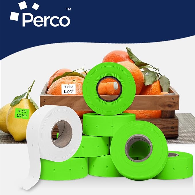 Perco White & Green Pricing Labels for Perco 2 Line Price and Date Gun – One White & One Green Sleeve - 12,000 Price Marking Labels – 2 Sleeves, 16 Rolls Combo Pack - with Label Scraper Included