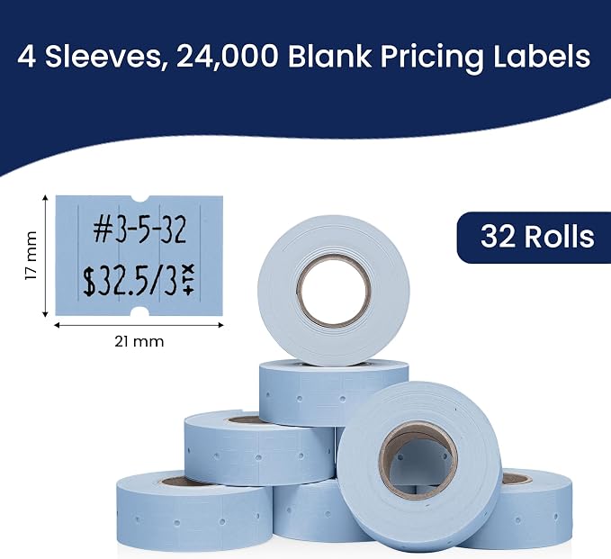 Perco 2 Line Blue Labels - 24,000 Blank Price and Date Gun Labels for Perco 2 Line Price and Date Guns - 32 Rolls, 4 Sleeves - Made in USA