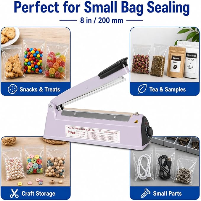 Impulse Heat Sealer with Seal bar, Heavy-Duty Bag Sealing & Cutting Machine, 2 Extra Replacements（Purple, 8inch）