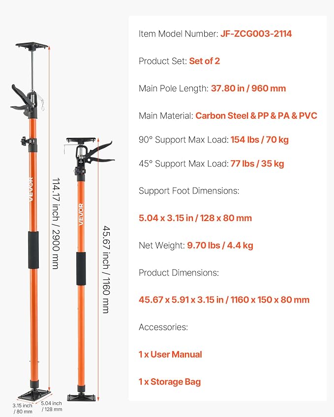 VEVOR Cabinet Jack Support Pole, 2-Pack, 45.7-114.2 Inch Steel Telescopic Quick Support Rod, Adjustable 3rd Hand System up to 154 lbs Capacity for Installing Cabinets, Lifting Drywall, Cargo Bars