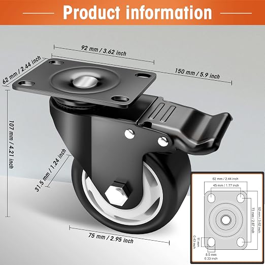 Casters, 3" Caster Wheels，Casters Set of 8 Heavy Duty - ASRINIEY Black Polyurethane Castors, Top Plate Swivel Wheels, 8-Pack Industrial Casters with Brake, Locking Casters for Furniture and Workbench