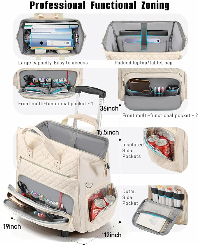 Rolling Teacher Bag, 16 Inch Rolling Laptop Bag with Detachable Dolly & Teacher File Tote, Large Roller Briefcase for Teaching Office Work, Women, Craft Nurse,Beige
