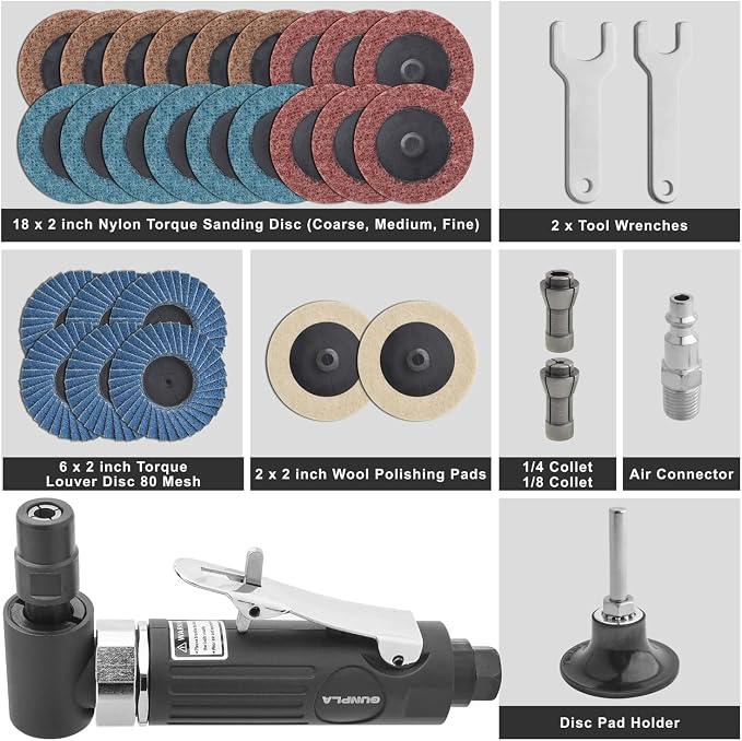 Gunpla 1/4 inch Angle Air Die Grinder, 90 Degree Heavy Duty 20,000 RPM with 26 pcs 2-inch Sanding Discs for Grinding, Deburring, Engraving, Polishing, Engraving and Rust Removal