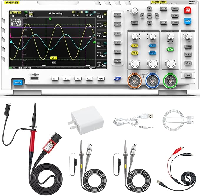 FNIRSI 1014D Oscilloscope 2 in 1 Digital Oscilloscope DDS Signal Generator, 100X High Voltage Probe, 2 Channels 100Mhz Bandwidth 1GSa/s Sampling Rate Built-in 1GB Storage Space