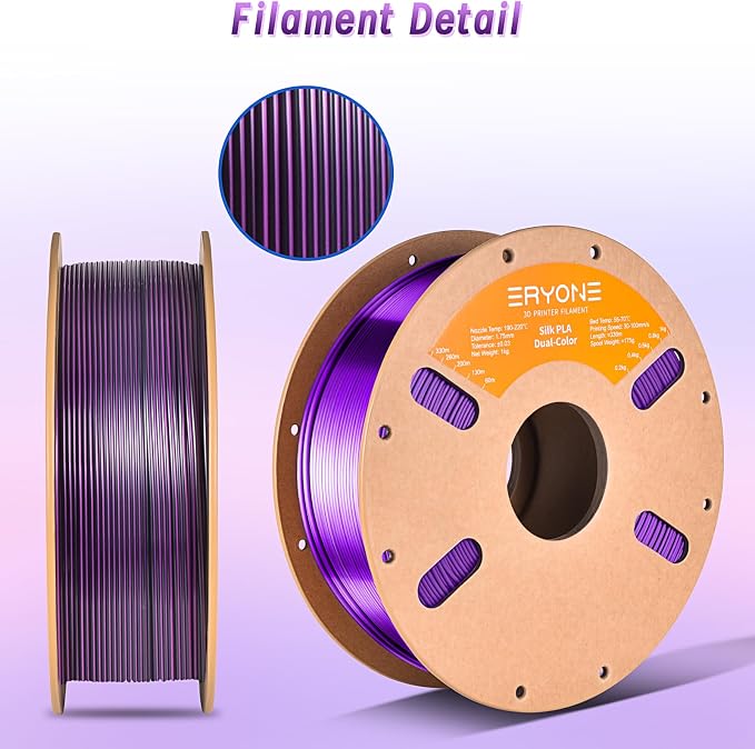 ERYONE Silk Dual Color PLA Filament 3D Printer 1.75mm +/- 0.03mm, Bicolor Filament Two Tone PLA Bundle 2KG Cardboard Spool, Black Purple