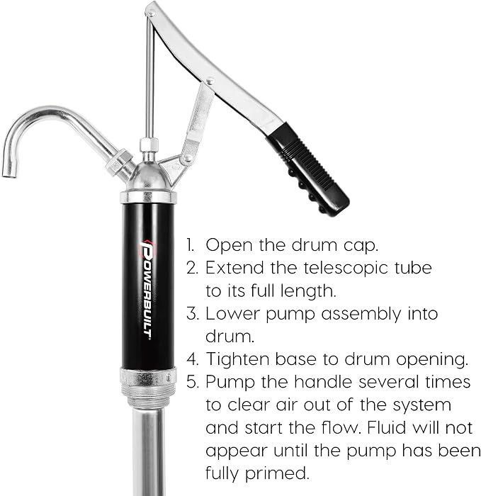 Powerbuilt Heavy Duty Level Action Barrel Pump, Drum Pump with Telescoping Suction Tube Fits 15 to 55 Gallon Drums, For Transferring Motor Oil, Heating Oil, Transmission Fluid- 648770