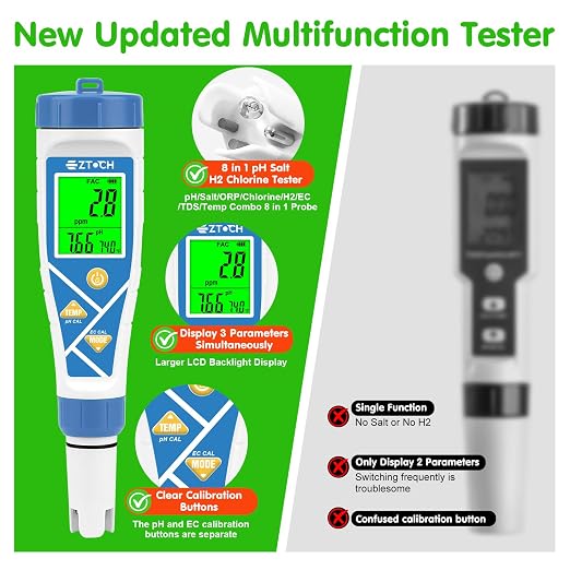 Pool pH Salt and Chlorine Tester 8 in 1 Digital pH Salinity TDS EC Chlorine ORP H2 for Salt Water Pool, Hot Tub, Hydroponic, Aquarium, Hydrogen Water Bottle, Simultaneously Display pH&CI-Temp