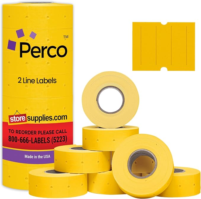 Perco 2 Line Yellow Labels - 6,000 Blank Price and Date Gun Labels for Perco 2 Line Price and Date Guns - 8 Rolls, 1 Sleeve - Made in USA