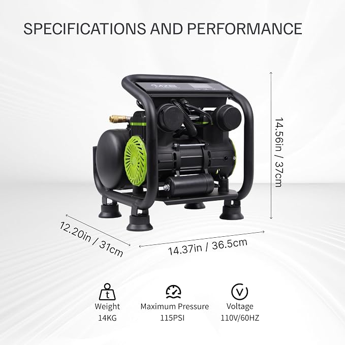 MZB Ultra Quiet Air Compressor 110V/60Hz MAX 115PSI Steel Tanks Oil-Free 70dB Noise Level Air Compressor for Spray Painting, Auto Repair, Carpentry Decoration (1.6 Gallon)