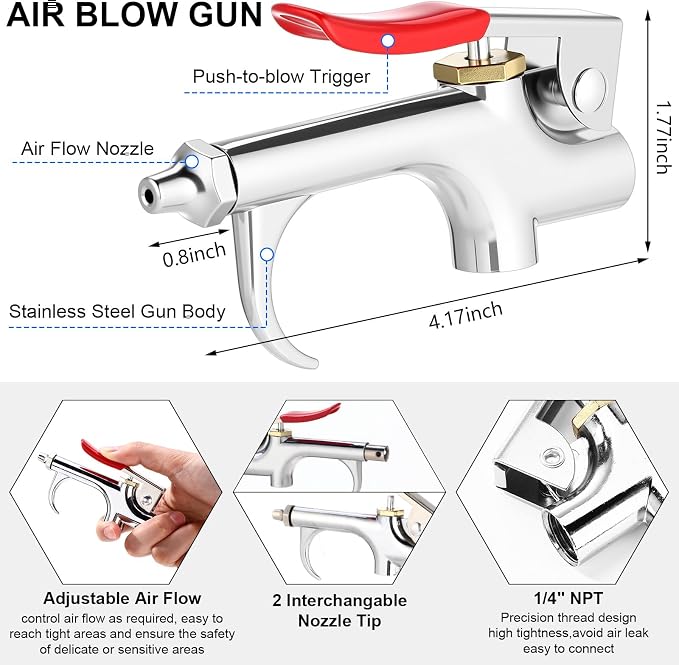 4 Set Air Blow Gun Kit with 11.5 ft Nylon Hose Heavy Duty Truck Air Seat Blow Gun Kit with 2 Interchangeable Nozzle Tips for Semi Truck 1/4 Inch Npt for Tractor Dust Clean(Gray,Brass)
