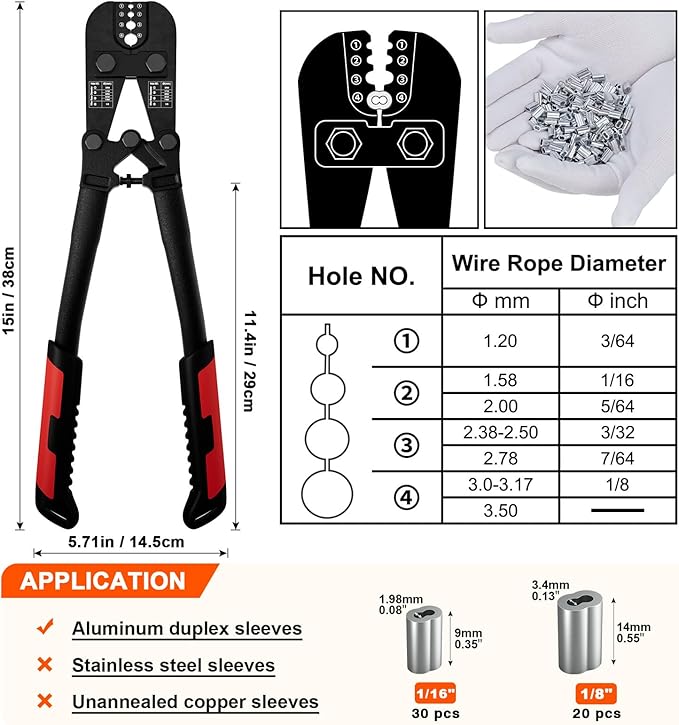 Sanuke Wire Rope Crimper Tool Kit, Swagging Tool for Copper Aluminum Oval Sleeves, Double Sleeves, Crimping Cavity 3/64" 1/16" 3/32" 1/8"