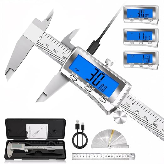 Digital Caliper 6 Inch, Rechargeable Calipers with Backlight LCD Screen, Stainless Steel Caliper Measuring Tool, Auto-Off Micrometer, Inch/MM/Fraction Conversion for 3D-Printing/DIY/Household