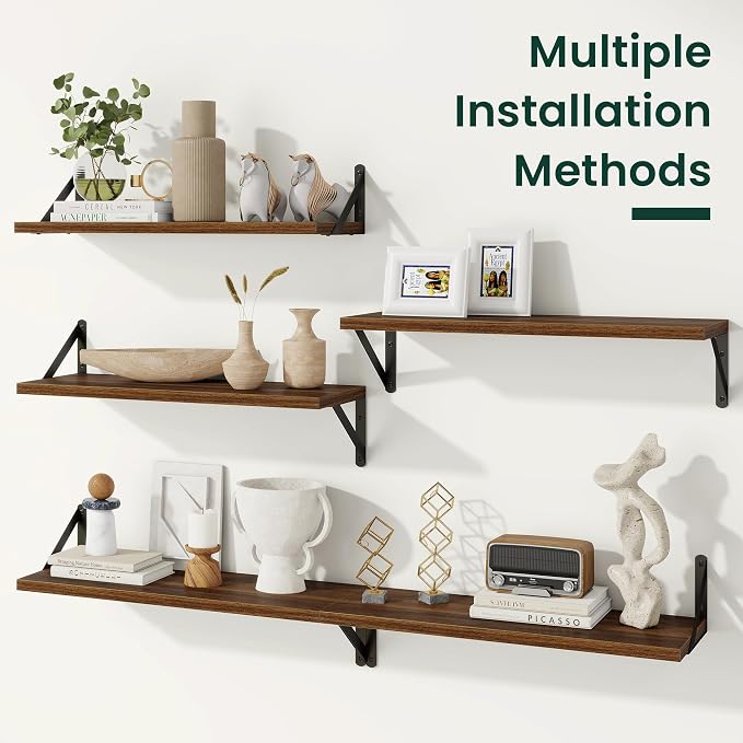 Floating Shelves 8 Inch Deep, 36W x 8D Wall Shelf Set of 2, 60 lbs Heavy Duty Reversible Metal Brackets, Industrial Book Shelf for Living Room Kitchen Bathroom Bedroom Gallery Wall, Walnut