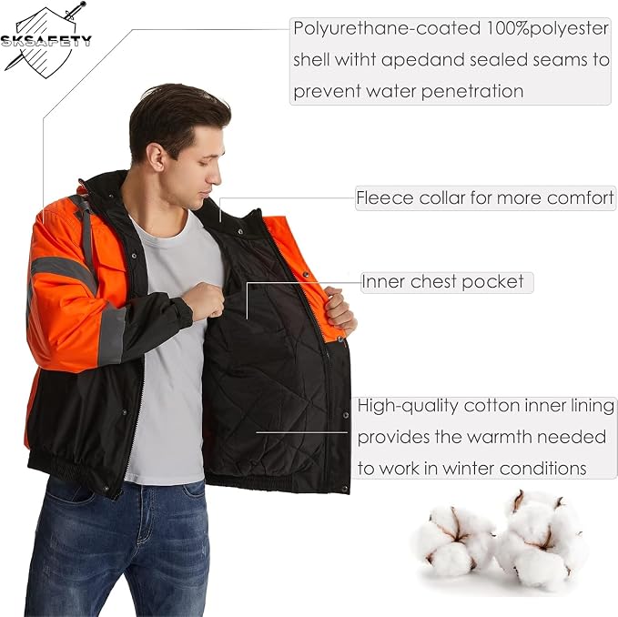 SKSAFETY High Visibility Reflective Jackets for Men, Waterproof Class 3 Safety Jacket with Pockets, Hi Vis Orange Coats with Black Bottom, Mens Work Construction Coats for Cold Weather, 6XL, 1 Pack