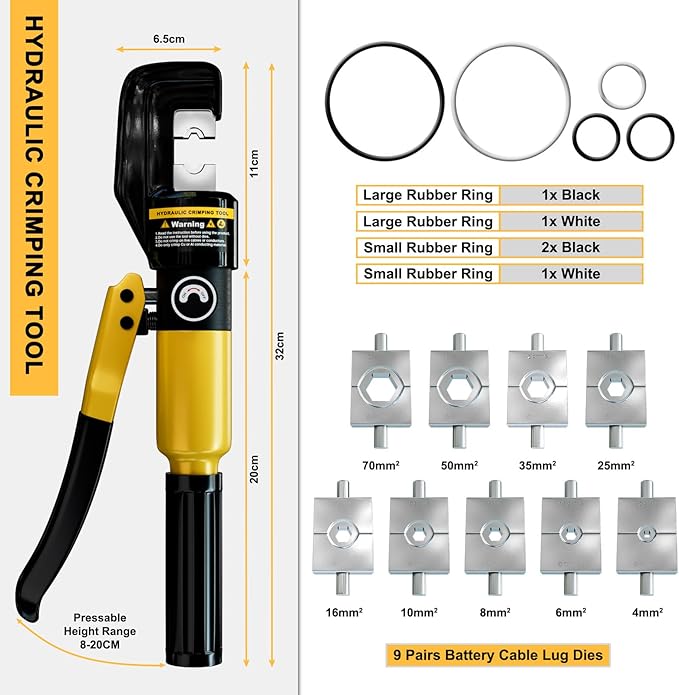 Hydraulic Cable Crimping Tool, Hydraulic Wire Crimper 12 AWG–2/0 AWG, Battery Cable Crimper Tool with 9 Hexagonal Dies, Copper Wire Lugs Crimper for US Standard Cable 12 ga-2/0 ga