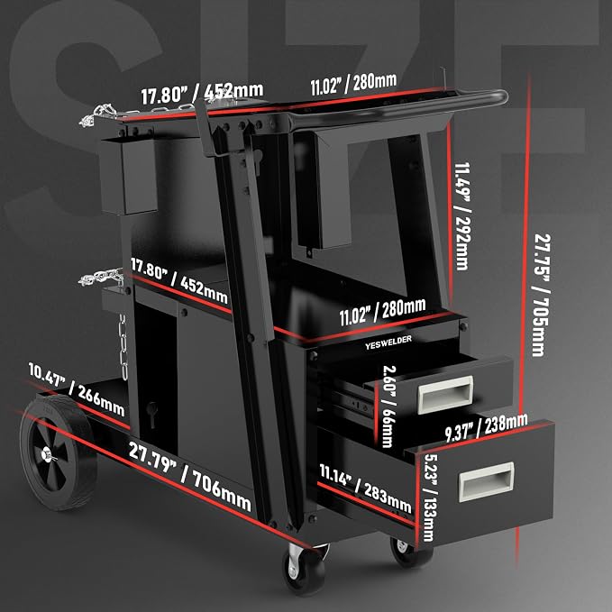 YESWELDER Welding Cart，2-Tier with 2 Drawers for MIG Welder TIG Welder and Plasma Cutter, Tank Storage Safety Chains, Heavy Duty Large Storage 360° Swivel Wheels Welding Trolley