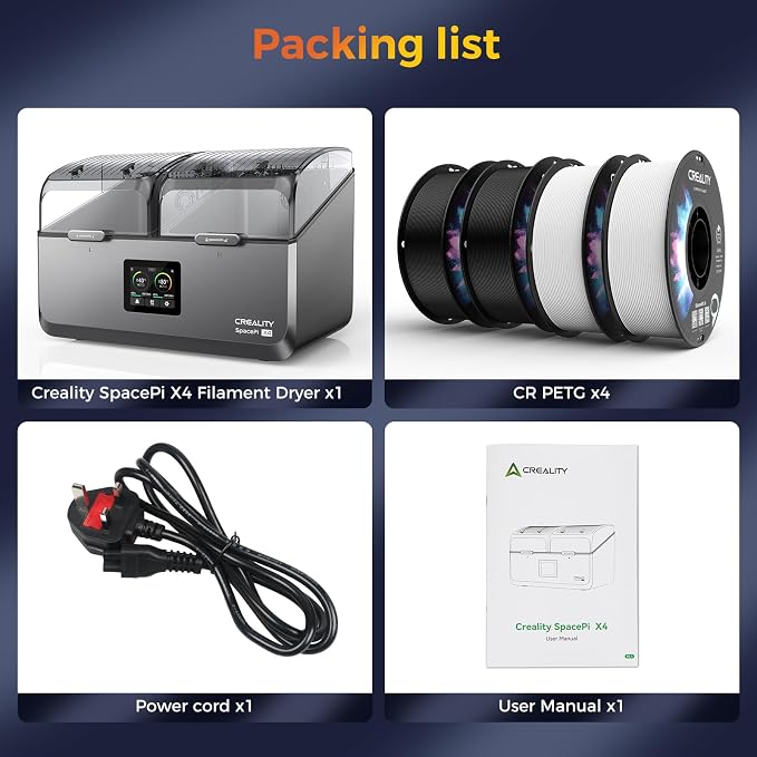 Creality Filament Dryer 4 Spools,Space Pi X4 Filament Storage Box: Dual Independent Heating Chambers Up to 85℃, Auto Silent Power Saving Storage and Active Dehumidification with 4kg PETG (Black/White)