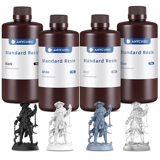 ANYCUBIC 3D Printer Resin Bundle, 405nm SLA UV-Curing Resin with High Precision and Quick Curing & Excellent Fluidity for LCD 3D Printing (Grey+Clear+White+Black,1kg per Bottle, 4kg in Total)