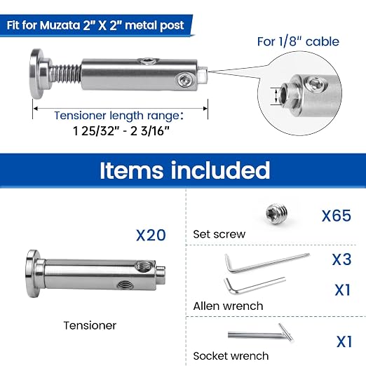 [Patent] Muzata 20 Pack 1/8" Swageless Invisible Cable Railing Kit Hardware Swageless Fittings Tensioner Hidden for 2"x2" Metal Post T316 Stainless Steel Deck Cable Railing System CB04