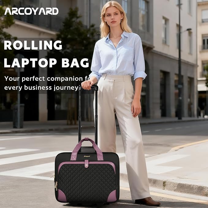 Arcoyard Rolling Laptop Bag, Large Rolling Briefcase for Women with Waterproof Pocket, 17.3 Inch Computer Bag Laptop Case with Wheels, Roller Work Bag for Office Travel Business Teacher, Black Purple