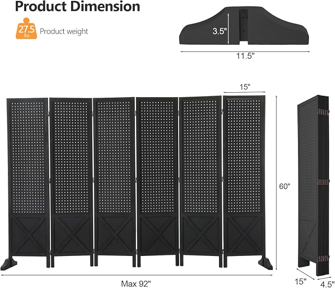 VINGLI Freestanding Pegboard with Support Feet, 5 FT Wood Room Divider Display Board Organizer, Folding Privacy Screen Partition Space Separator for Craft Shows Events Retail (Black, 6 Panel)