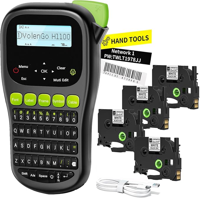 Label Maker Machine with 4 Tapes, Wire Label Maker Waterproof-Labels, Laminated Handheld Label Printer, Backlit & Portable & 3 Cable Modes, H1100 Labeler for Industrial Office Organization