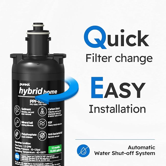 Pureal Under Sink Water Filter Replacement Cartridge, Full System NSF/ANSI 42&372 Certified, Removes PFAS, Lead, Chlorine, Bad Taste & Odor, 20,000 Gallons, 4-Year, 17-Inch, Made in Korea (PPF-1700)
