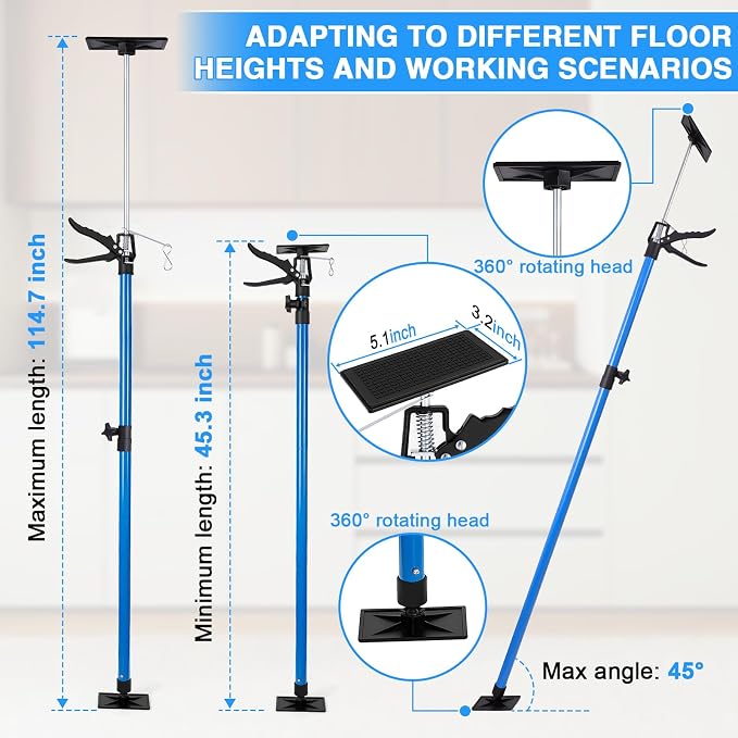 Cabinet Jacks 2Pcs, Adjustable Support Pole 45" to 114", Telescopic Steel 3rd Hand Support Pole for Cabinet Jack, Cargo Bar, Drywall Installations, Support Rod Dust Barrier Poles Bearing Up to 154 lbs