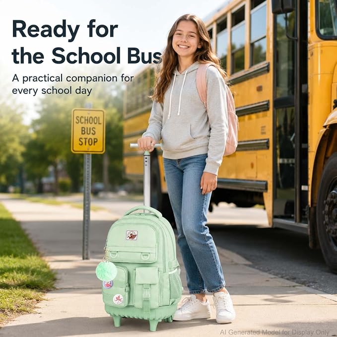 CCJPX Rolling Backpack for Girls Women, 21 inch Roller Wheels School Bookbag, Wheeled Suitcase Backpacks with Lunch Bag for Teen - Green