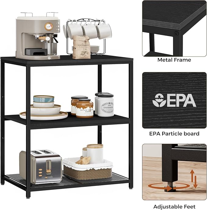 Homleke Kitchen Island with 3 Shelves, Kitchen Shelf with Large Workstation, Bakers Rack, Workbench, Metal Frame, Black