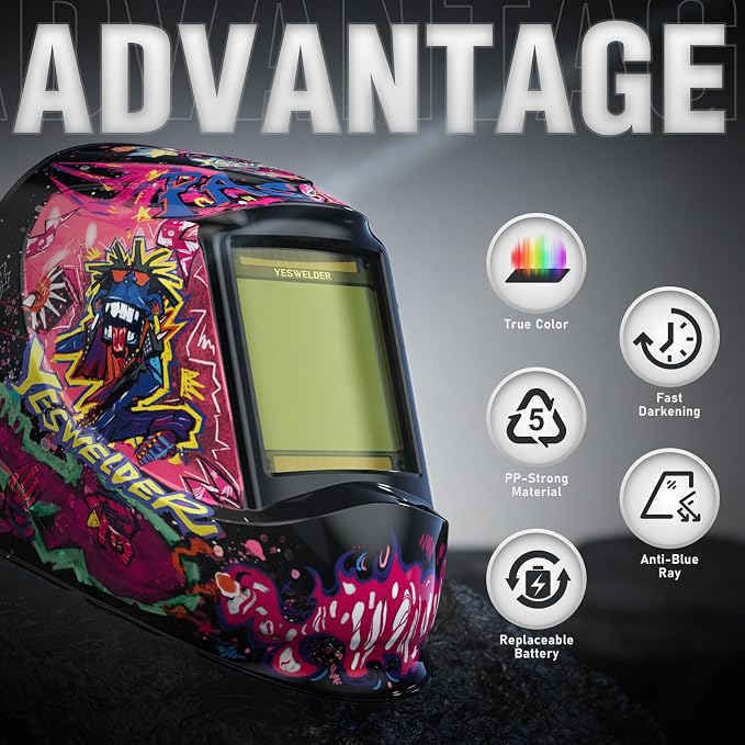 YESWELDER Large View Auto Darkening Welding Helmet, Blue Light Blocking, 1/1/1/1 True Color Solar Powered Welder Hood Mask with 4 Arc Sensors, Wide Shade 3/5-9/9-13 for TIG MIG ARC Cut and Grind