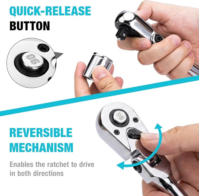 DURATECH 1/2-Inch Drive Flex-Head Ratchet, 90-Tooth Quick-Release Ratchet Wrench with 180° Pivoting Head and 7-Position Setting, Reversible, CR-V Made, CR-MO Head, 4° Swing, Full Polished, Men Gifts