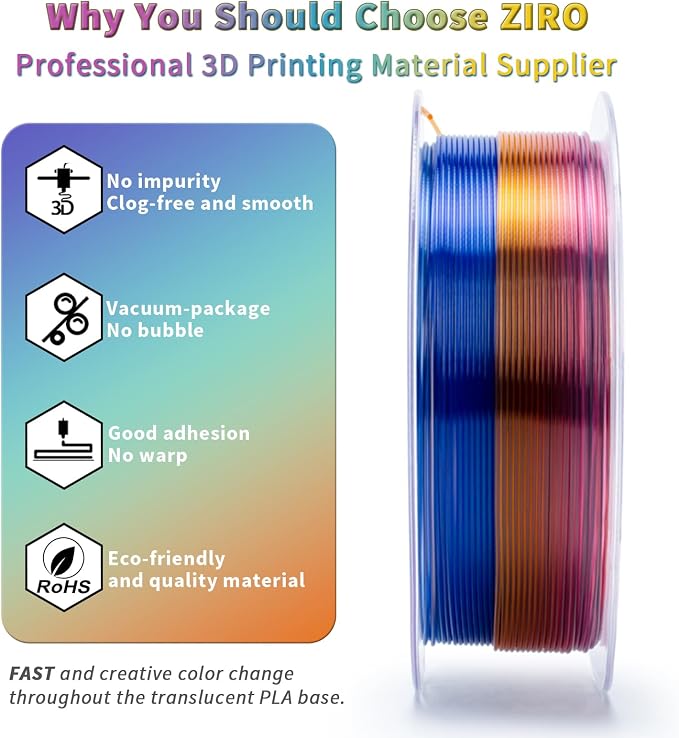 ZIRO Fast Color Changing PLA Bundle, Transluent Multicolor Filament 1.75mm, 3D Printing Material, Crystal Series 1kg x 4 Spool, Dimensional Accuracy +/-0.03mm, Fit Most 3D Printers, 4 Pack
