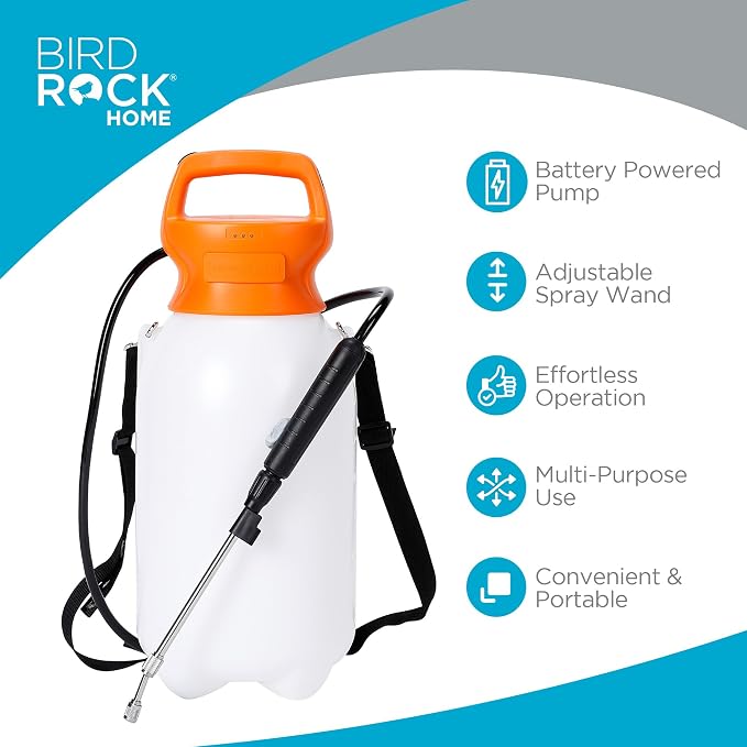 BIRDROCK HOME Garden Sprayer with Battery Powered Pump - Stainless Steel Wand, Rechargeable, Adjustable Spray, & Portable for Lawn, Garden, Plants, and Cleaning - White Translucent Body - 4-Gallon