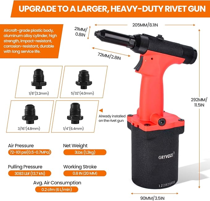Pneumatic Rivet Gun Air Pop Riveter Tool Kit with 1/8", 5/32", 3/16", 1/4" Rivet Nozzles, Pneumatic Riveting Gun, Upgraded Air Riveter Hydraulic Pop Riveting Rivets Tool, No-Self-Suction