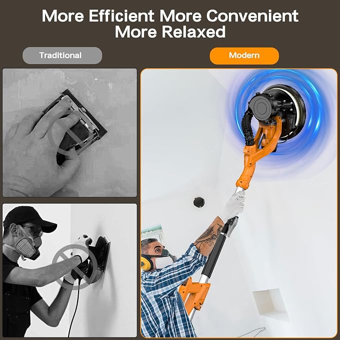 Drywall Sander Popcorn Ceiling Removal Tool with Vacuum Dust Collection 9 Variable Speed Collapsible Extendable Handle Electric Sander for Drywall with LED Light 16Pcs Sanding Discs Yellow