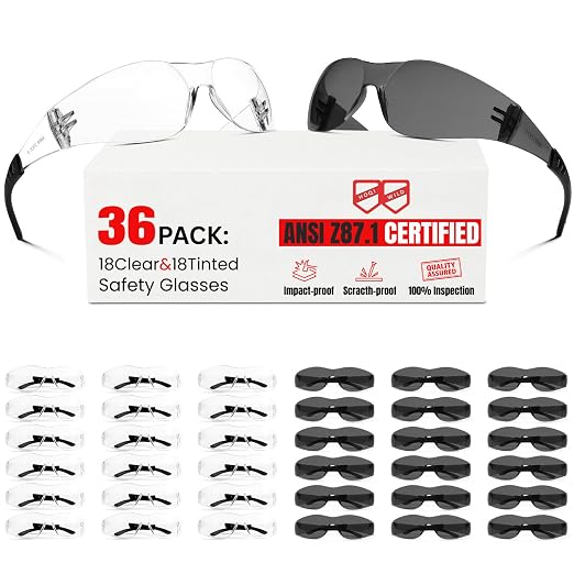 ANSI Z87.1 Safety Glasses Men Women 36 pack(18pack clear safety glasses+18pack safety sunglasses) Scratch & Impact Resistant eye protection glasses for Construction, Outdoor Sports & Work