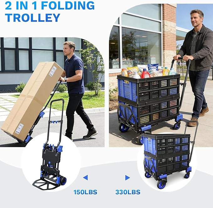 2 in 1 Folding Hand Truck with 2 Folding Basket,330lbs Capacity Heavy Duty Hand Truck,with Telescoping Handle and Rubber Wheels,Portable Dolly Cart with Bungee Cords for Moving,Travel,Shopping