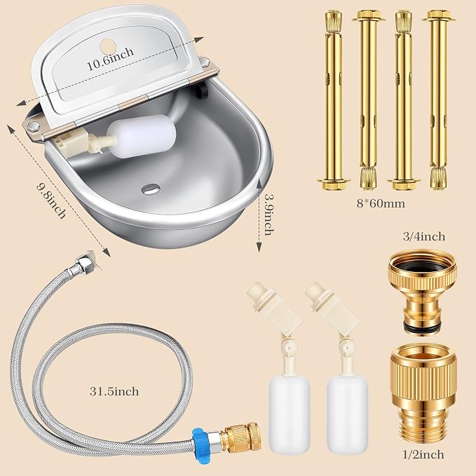 Bokon 2 Sets Automatic Animal Drinking Water Bowl, 304 Stainless Steel Waterer for Dog Cattle Goat Pig, Livestock Water Trough Dispenser with Pipe Hose, 4 Float Valves, Quick Connecter, Expansion Bolt
