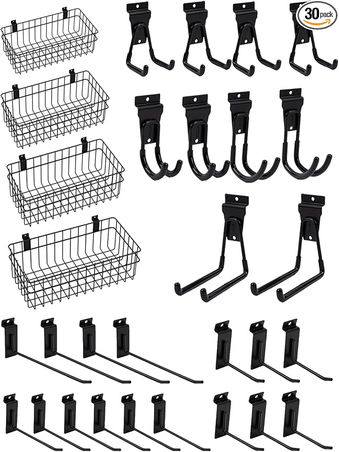 Slatwall Accessories Slatwall Hook Slat Wall Hanging Hook Garage, Slat Wall Accessory Includes 4 Pack Slatwall Baskets Set and 26 PCS Multisized Heavy Duty Slatwall Hooks (30 Hook)