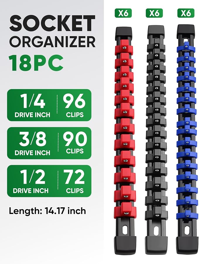 ALOANES 18PC Socket Organizer, Socket Rails Fit 1/2", 1/4" and 3/8" Drive | Portable Heavy Duty ABS Socket Holders Hold up 258 Sockets for Toolbox Drawer Bags(3 Color)