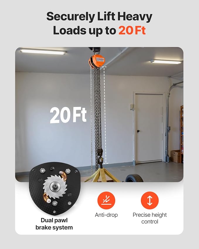 VEVOR Hand Chain Hoist, 2 Ton 4400 lbs Capacity, Manual Chain Block with Upgrade G80 Galvanized Chain, 20 ft Lifting Height, Heavy Duty Pulley Hoist for Garage Warehouse Automotive Machinery, Orange