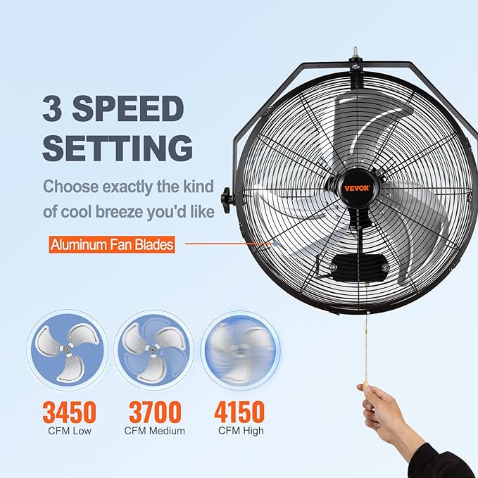 VEVOR Wall Mount Fan, 18 Inch 4150 CFM, 3-speed Wall Mounted Metal Fan